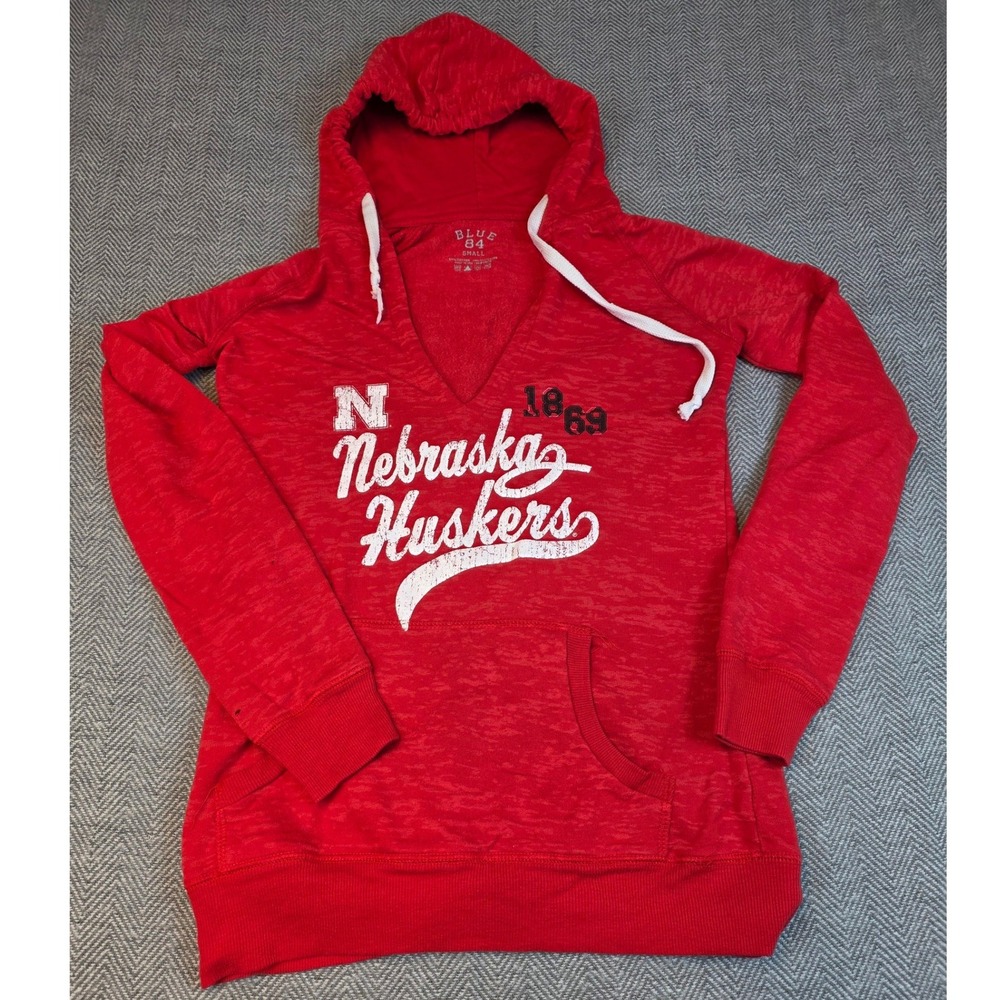 Blue 84 Nebraska Huskers Hoodie Womens Small Red Burnout V-Neck Sweatshirt JBFH
